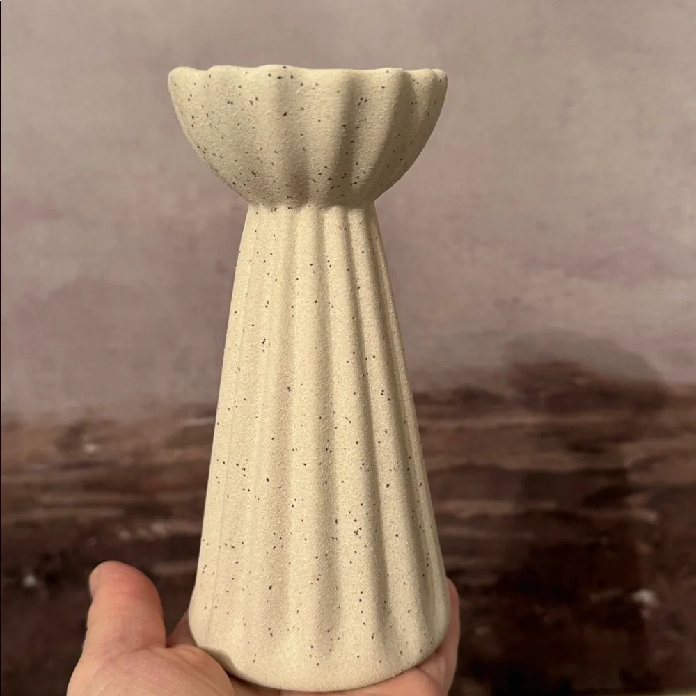 Ceramic Ribbed Taper 1/ Candle  Holder Beige - Threshold Studio  McGee